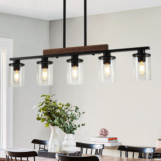 36.2‘’ Kitchen Lighting, 5-Light Dining Room Light Fixture Chandelier Over Table, Black Modern Rustic Wood Ceiling Pendant Light Fixtures, with Clear Glass Shade, Farmhouse Chandelier | 5‑Light Matte Black Pendant Lights,Wood Rustic Linear Kitchen Island