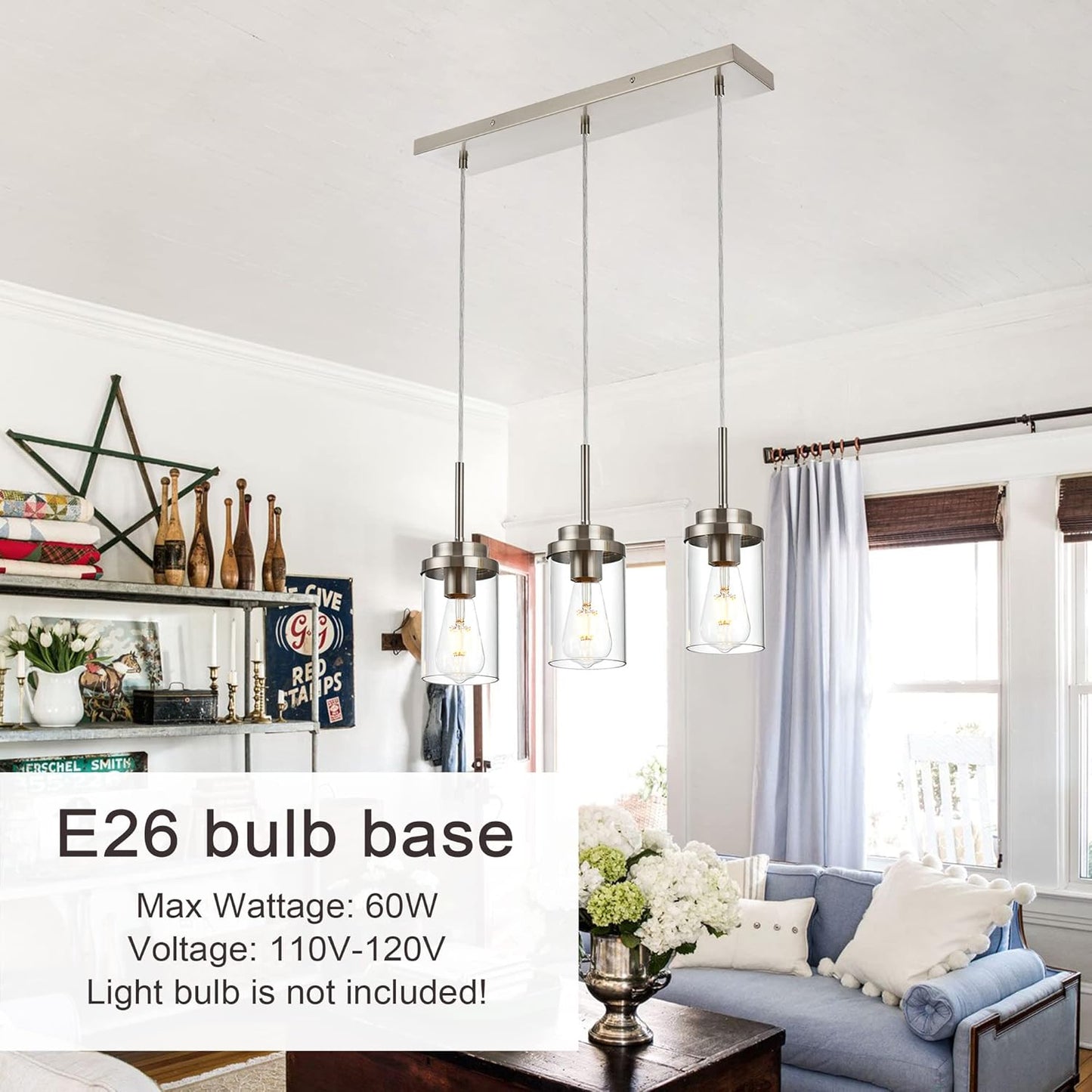 MELUCEE Kitchen Pendant Lighting Over Island 3 Light Brushed Nickel Finish | Linear Chandelier Dining Room Light Fixtures Ceiling Hanging Lamp with Clear Glass Shade, 20.5 Inches Length