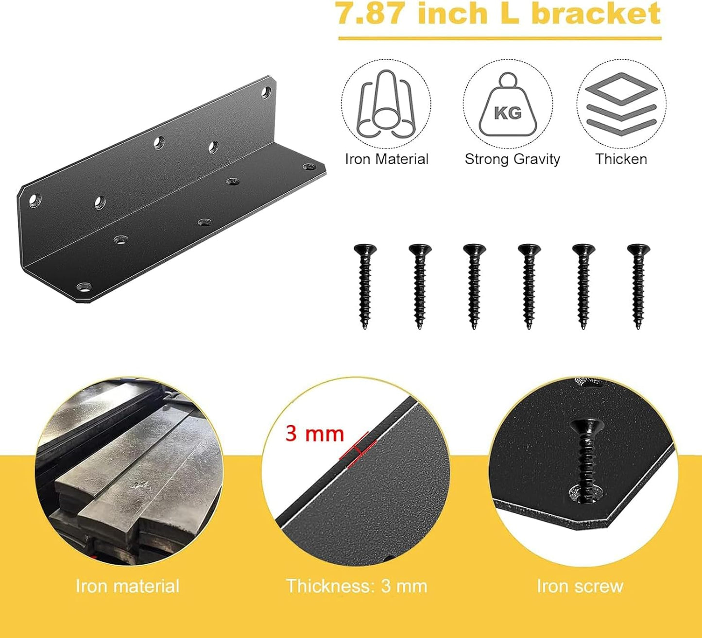 8" x 2" x 2" L Brackets Heavy Duty, Large Iron Corner Bracket Metal Joint, Thickness 3mm Including Screws, for Wooden Bookshelf Furniture Cabinet (Black-4PCS)