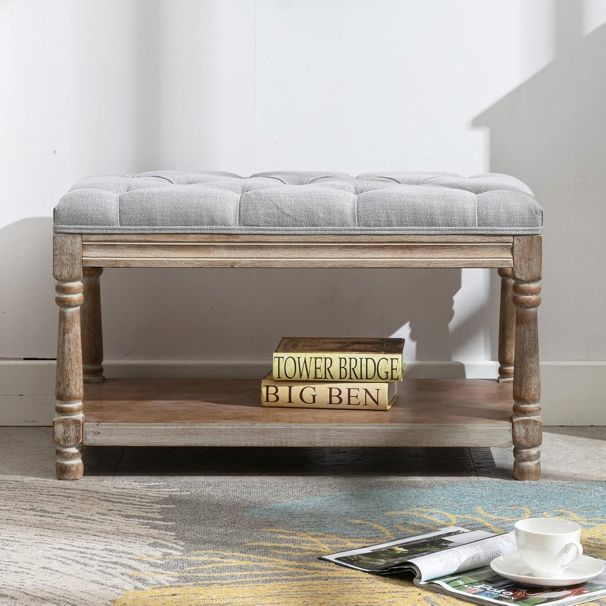 farmhouse storage bench wooden entryway linen upholstered ottoman, main product view