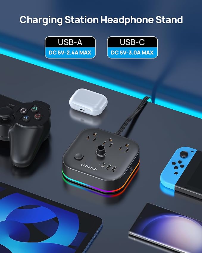 TROND Headphone Stand with USB C, Desk Gaming Headset Holder with 3 AC Outlets - Image 4
