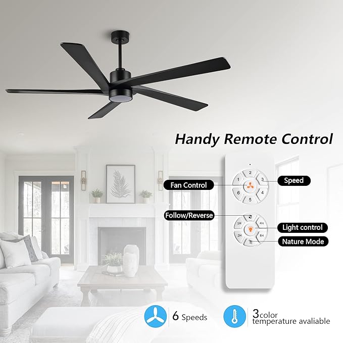 WINGBO 54" DC Ceiling Fan with Lights, 5 Carved Solid Wood Blades, 6-Speed - Image 2