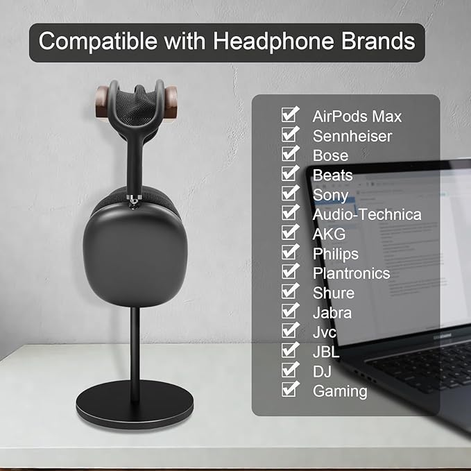GEVO Headphone Stand for Desk, Walnut Wood & Aluminum Headset Stand, Universal - Image 6