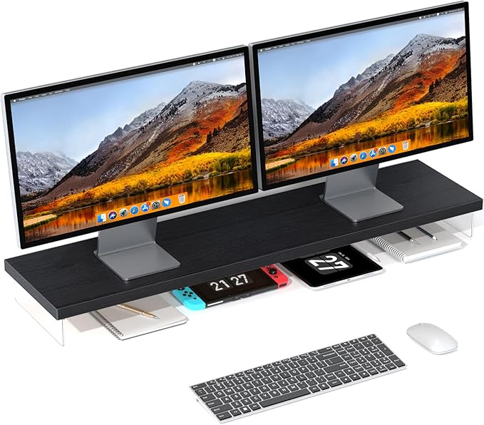 SSWOOD Dual Monitor Stand Riser, Wooden Desktop Organizer Shelf by Unknown
