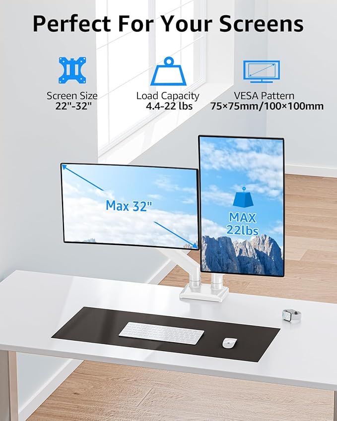 Dual Monitor Stand fits up to 32 inch, 4.4-22 lbs Computer Screens, Dual - Image 2