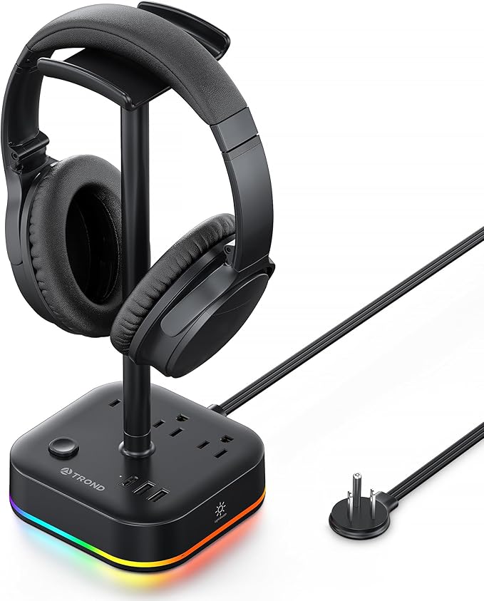 TROND Headphone Stand with USB C, Desk Gaming Headset Holder with 3 AC Outlets by TRONDOfficial