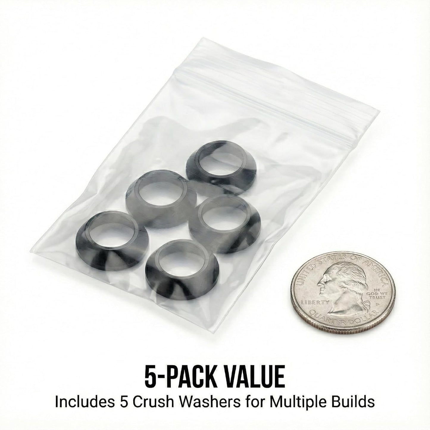 1/2x28 Crush Washer for .223 5.56, 5 Pack, Black Oxide Steel | Single use conical washer for 1/2x28 threads. Compresses under torque to seat the mating part square
