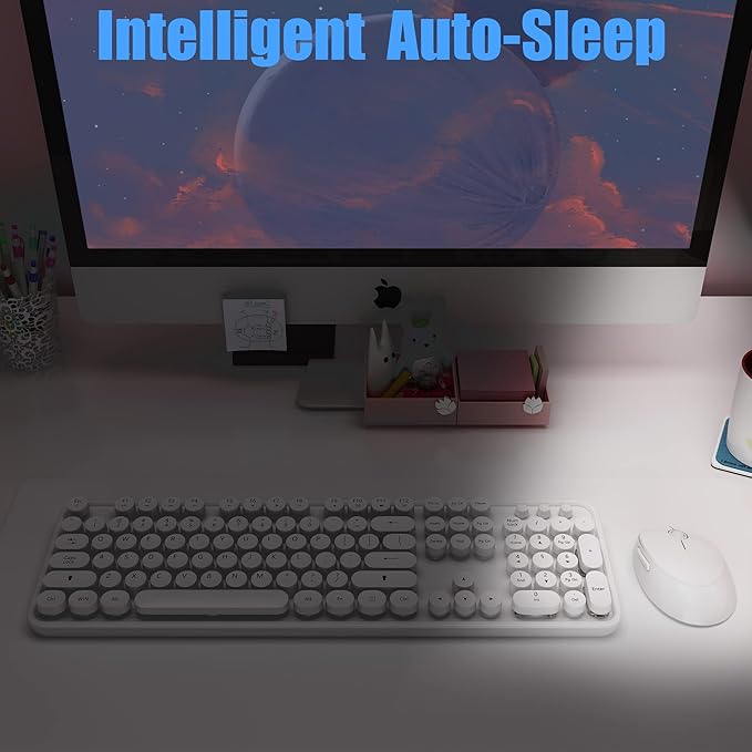 Wireless Keyboard Mouse Combo, 104 Keys Cute White Keyboard - Image 6