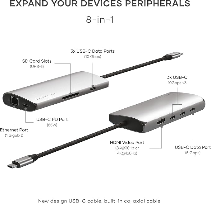 Satechi 8 in 1 USB C Hub Multiport Adapter V3, 8K HDMI, 100W Charging, 4 USB - Image 2