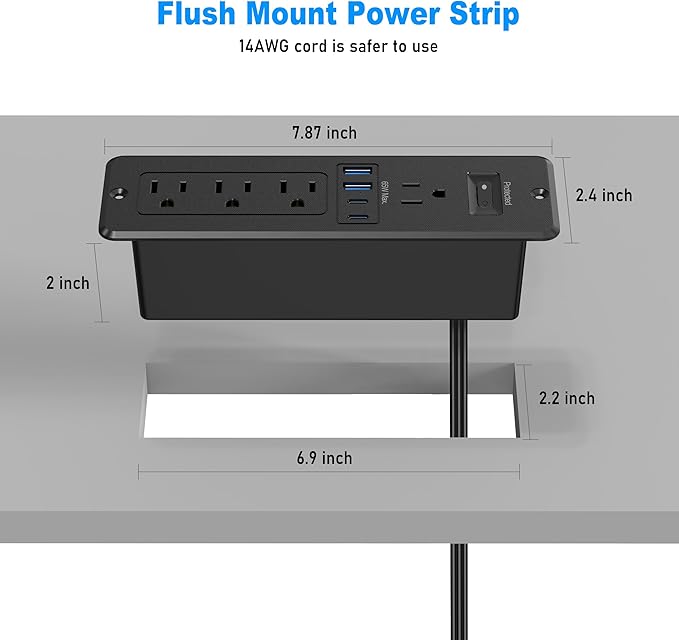 65W USB C Recessed Power Strip, Flush Mount Desktop Recessed Outlet - Image 7