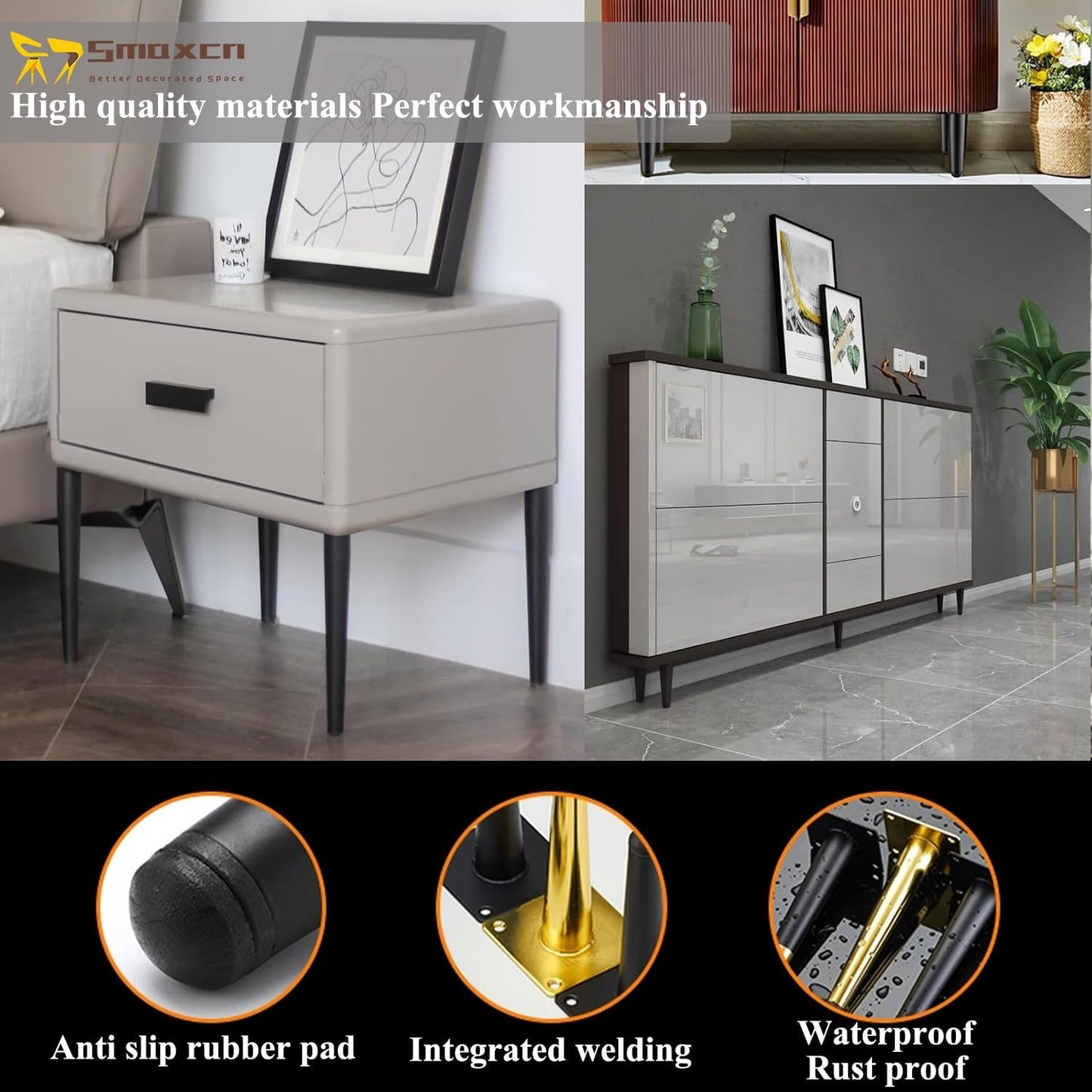 4pcs 9 7/8 inch (25cm) Black & Gold Metal Furniture with Level Feet | Straight Furniture Feet for TV Stand, Sofa, Dresser, Cabinet, Vanity