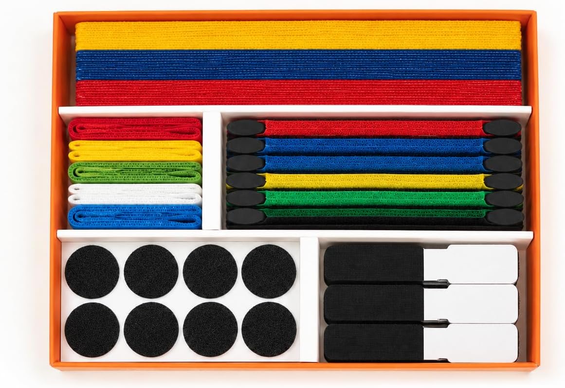 Cable Management Kit, 135 Pcs Reusable Cable Ties and Cord Labels | with Adhesive Cable Clips, Hook and Loop Straps for Under Desk Wire Organizer Home Office - Multicolor