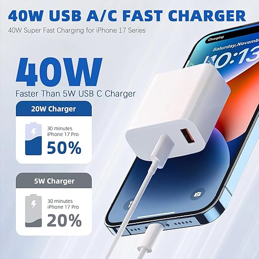USB C Charger Block for iPhone 17 16, 40W Dual Port A/C Phone Chargers - Image 2