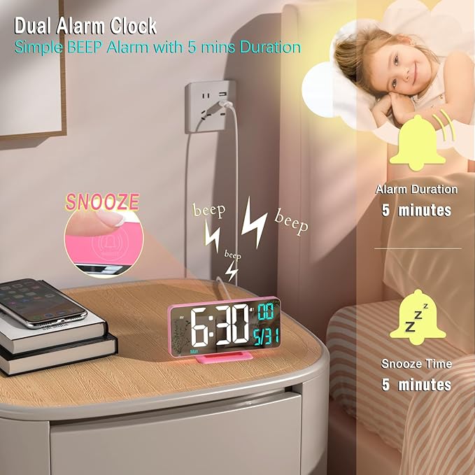 Pink Digital Clock for Bedroom 6.7in Dual Alarm Clock - Image 5