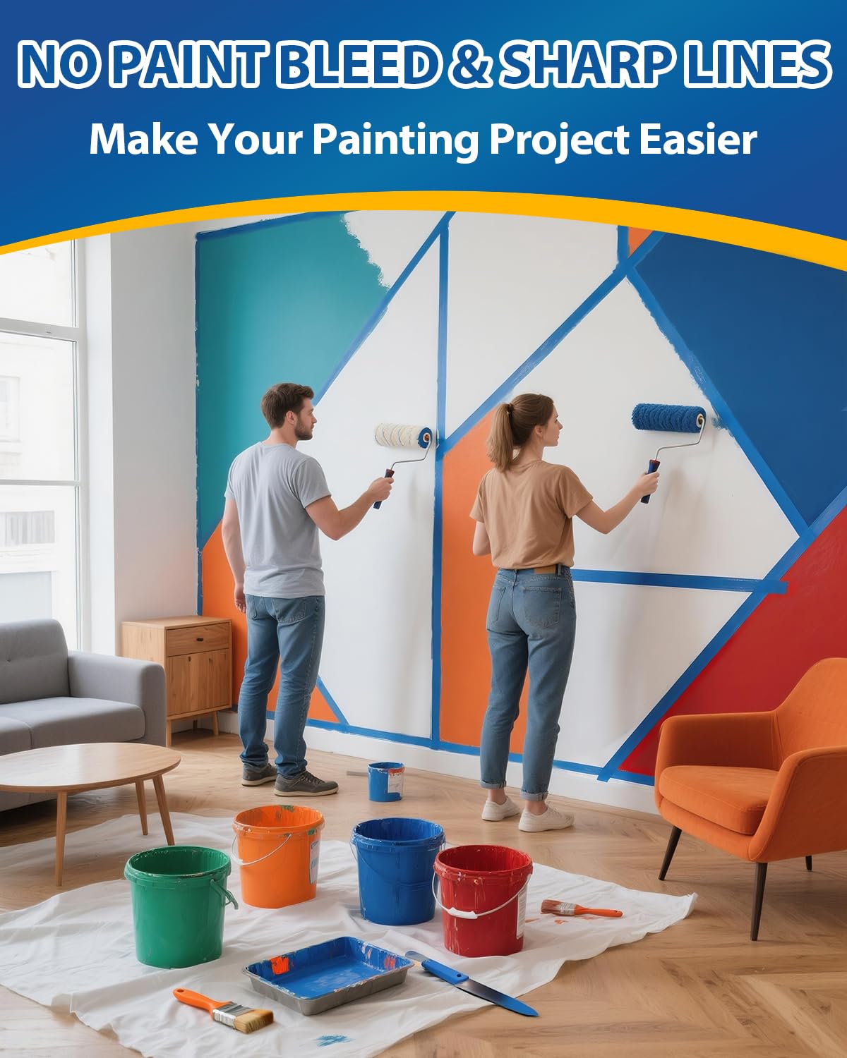 48 Rolls Blue Painters Tape 1 Inch Wide Bulk - Paint Tape UV Resistant | 0.94 In X 55 Yd Automotive & Wall Painting Tape, No Residue & Crisp Lines, Multi-Surface Use, Total 2640 Yds