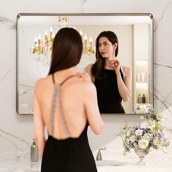 LOAAO 40X32 Inch Brushed Nickel Bathroom Mirror, Rounded Rectangle Silver Metal - Image 2
