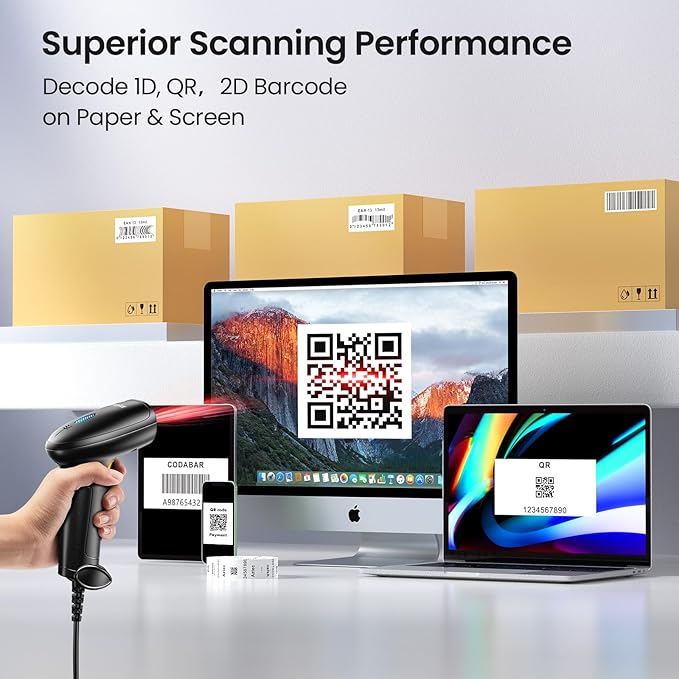 Anyeast Barcode Scanner with Stand: USB Wired Inventory 2D 1D QR Code Scanner - Image 3