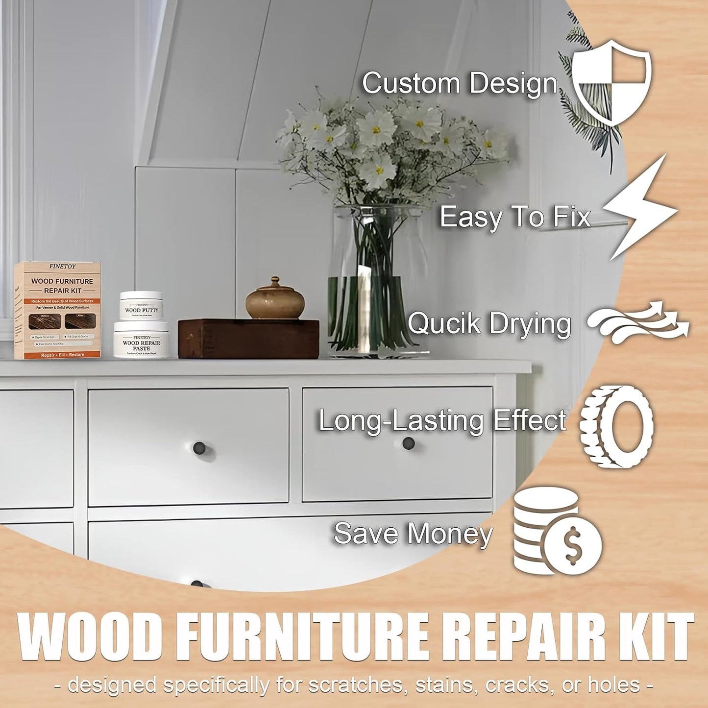 Wood Furniture Repair Kit (White/White Stain) for IKEA | with 40g Wood Repair Paste & 70g Wood Putty, Custom Design to Repair Scratches, Cracks, Paint loss ,Holes