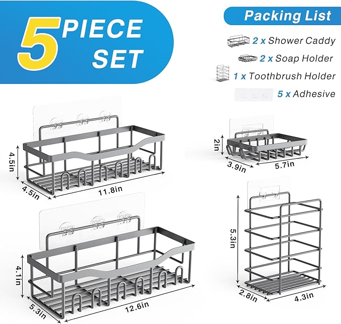EUDELE 5-Pack Rustproof Stainless Steel Shower Caddy – No Drill Adhesive - Image 7
