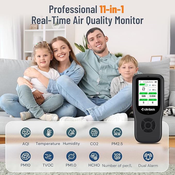 LifeBasis Air Quality Monitor Indoor, 11-in-1 Air Quality Detector - Image 2
