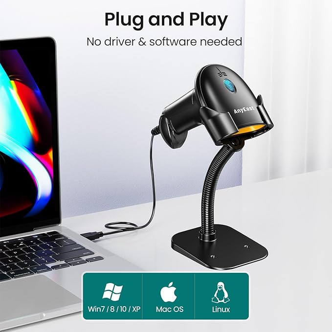 Anyeast Barcode Scanner with Stand: USB Wired Inventory 2D 1D QR Code Scanner - Image 2