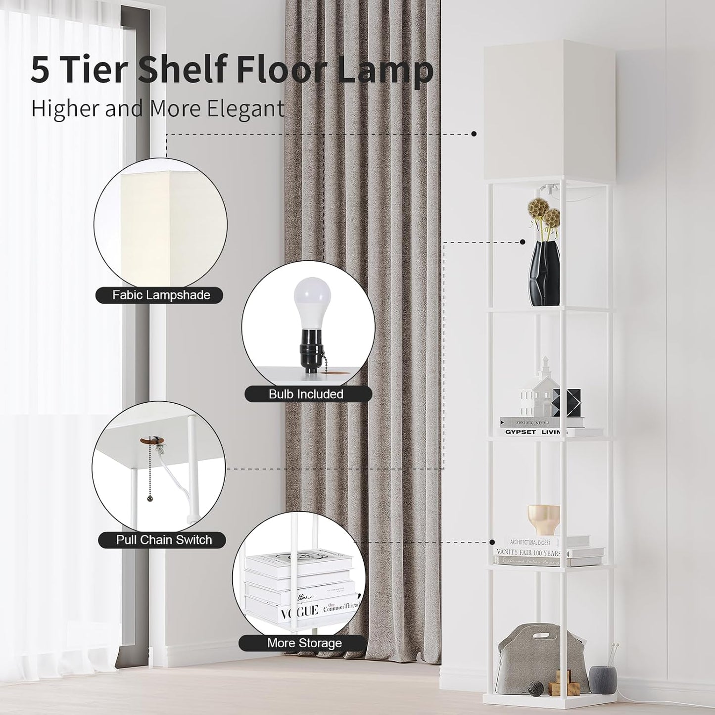 SUNMORY 5 Tier Floor Lamp with Shelves, Standing Lamps for Living Room | 3 CCT LED Bulb Include, 70" Tall Corner Shelf Lamp, Display Bookshelf, Modern Style for Bedroom, Office, Home Decor