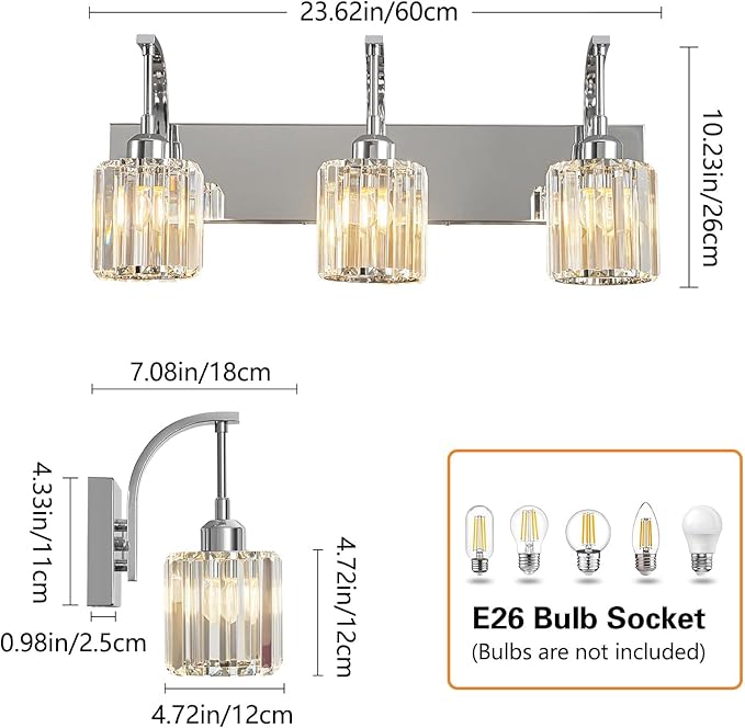 FDPBY 3-Light Crystal Vanity Light, Modern Chrome Bathroom Wall Sconce - Image 4