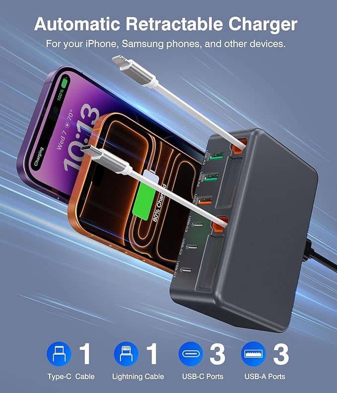 2026 Updated USB-C Fast Charging Station, 120W GaN 8-Port Retractable Charger - Image 3