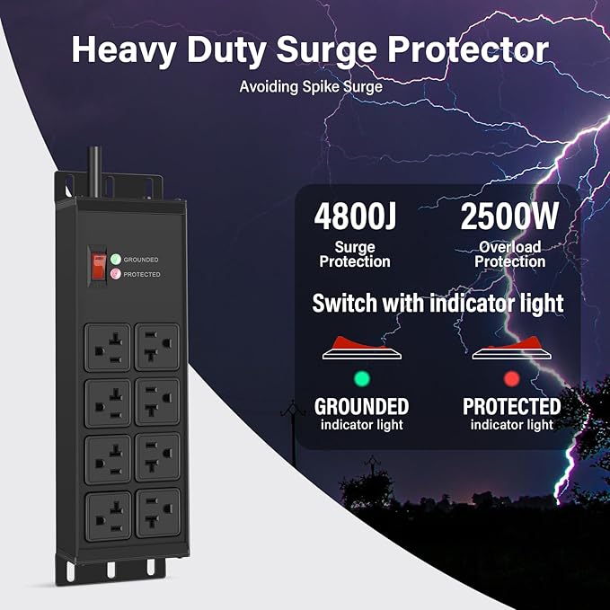 CCCEI Black Heavy Duty Power Strip Surge Protector 20 AMP, 8 Outlets 12 Gauge - Image 2