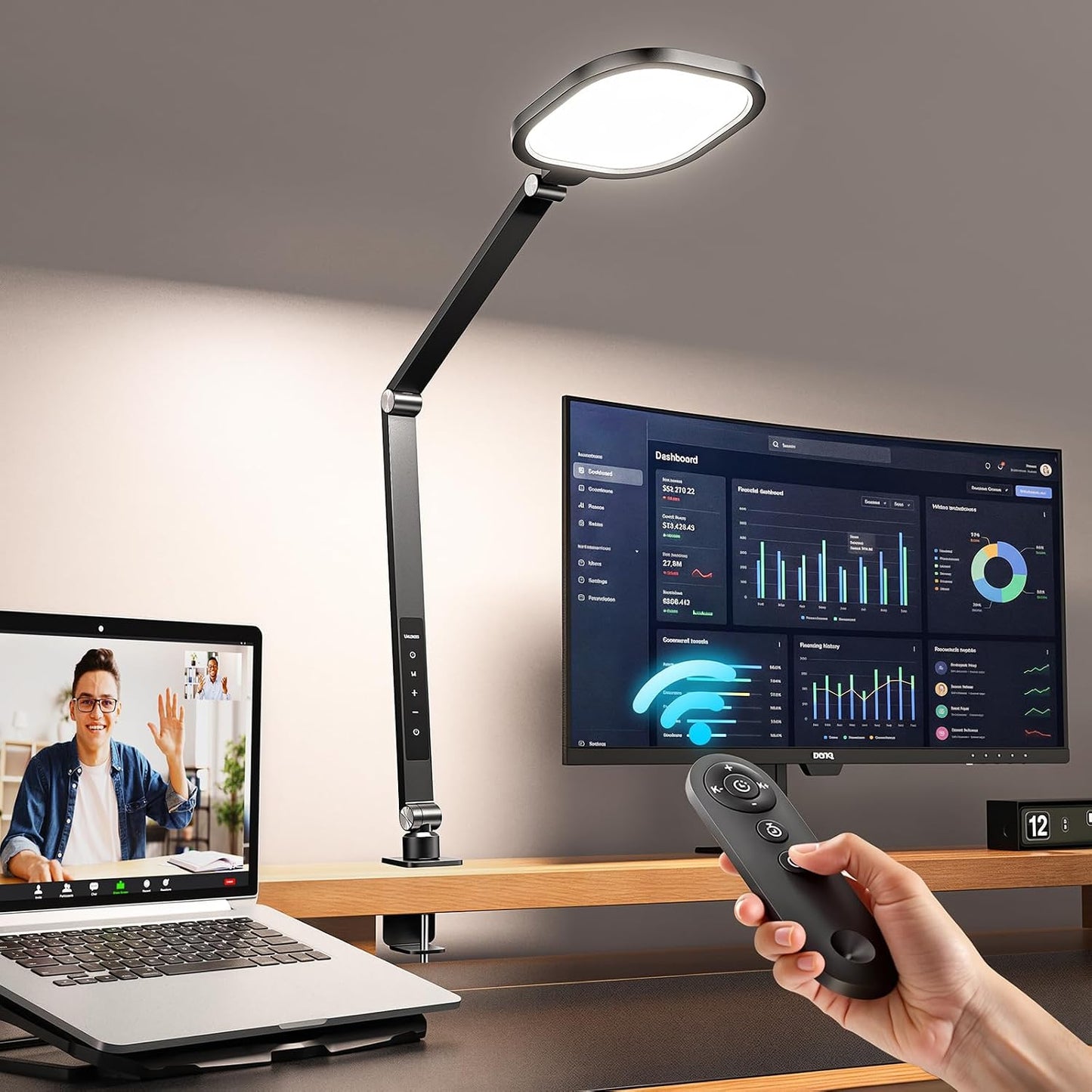 LED Desk Lamp for Home Office with Clamp, Remote, 30 Modes | Eye-Care, Pro Lighting for Zoom Meeting, Video Streaming, Recording, Flexible Arm, Memory, 2000LM, CRI 97.8