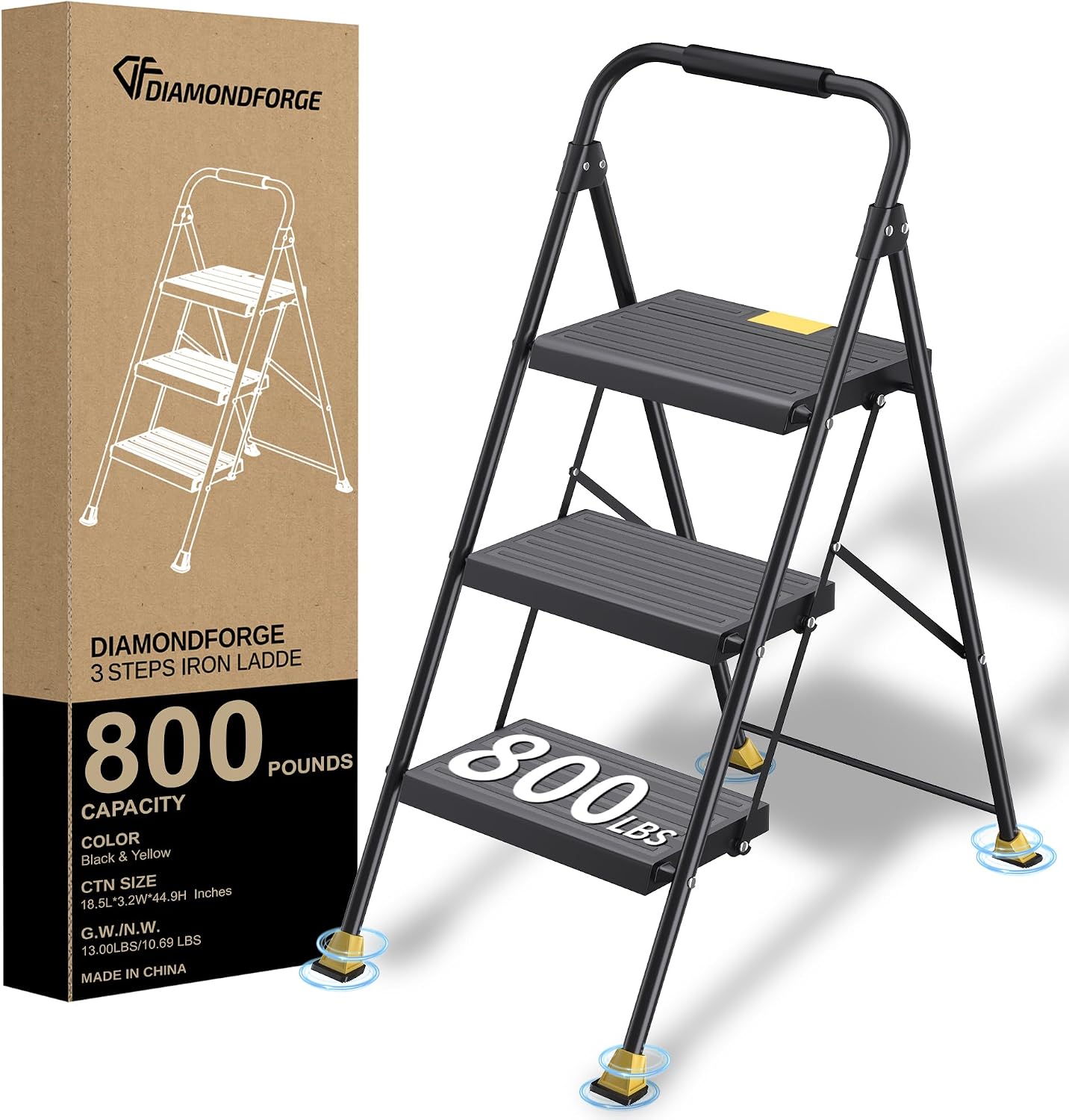 3 Step Foldable Step Ladder with Handrails for Home Adults, Iron, Black, Tall Extension Heavy Duty 800 lbs Stool for Indoor Kitchen & Closet