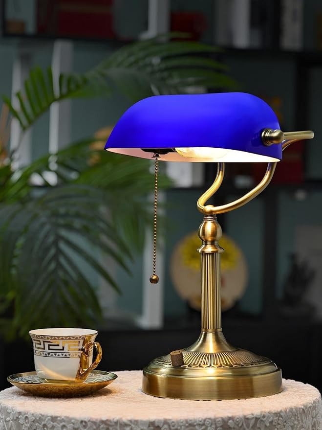 Newrays Blue Glass Bankers Desk Lamp, Stepless Dimmable Table Lamp Plug in - Image 3