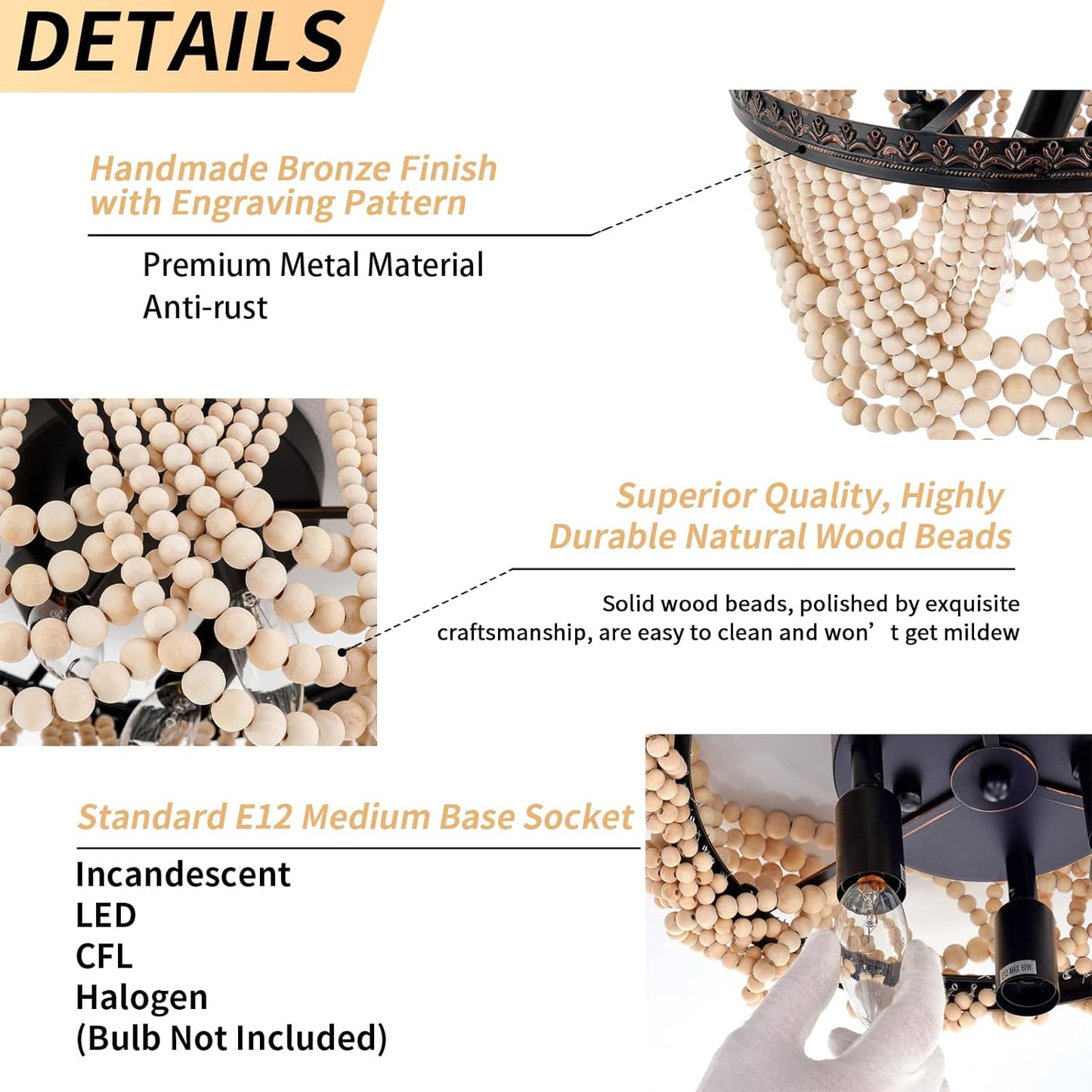 Boho Wood Beaded Chandelier, Bohemia 3 Lights Flush Mount Ceiling Light Fixtures with Engraving Pattern, Farmhouse Chandeliers for Living Room Passway Foyer Entryway Hallway Nursery, Oil Rubbed Bronze