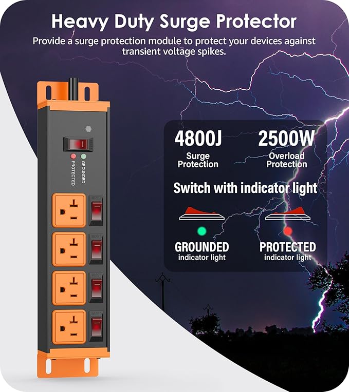 CCCEI Heavy Duty Surge Protector Power Strip 20 Amp Individual Switches. 25FT - Image 2