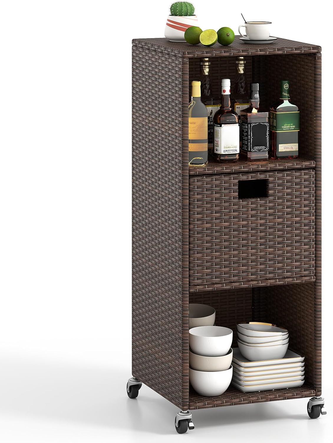 tangkula rattan outdoor storage cabinet with 4 wheels, main product view
