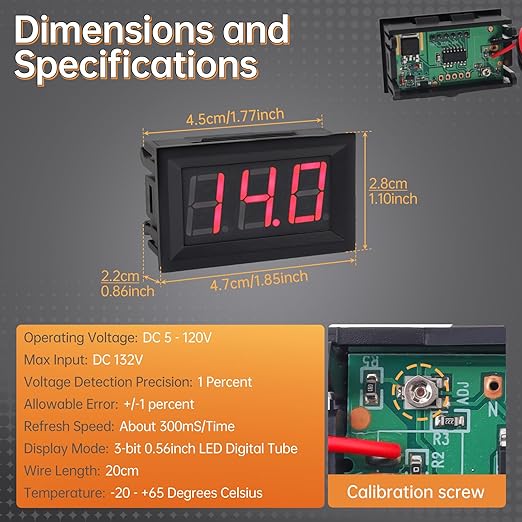 DiGiYes 5 Pack DC 5-120V Digital Mini Voltmeter 2 Wire 0.56 inch LED Display - Image 2