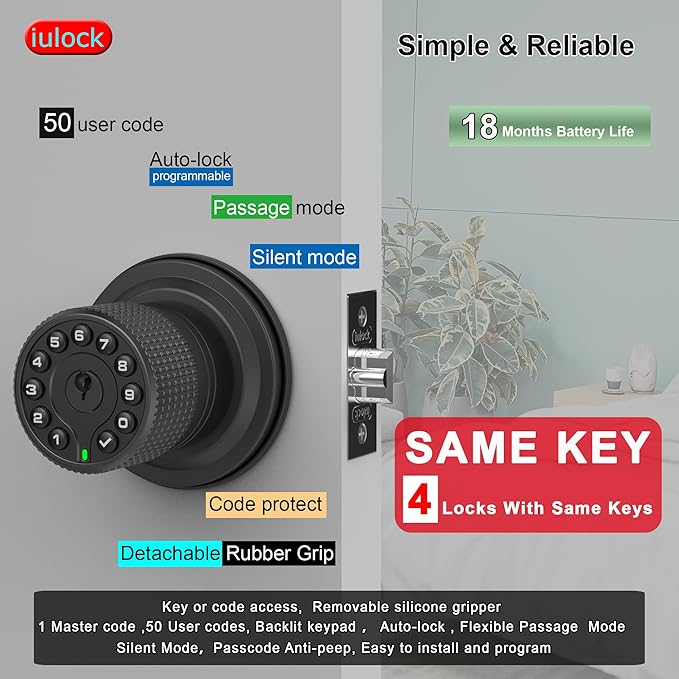 iulock Smart Door Knob with Keypad and Key, Keyless Entry Door Lock with Rubber - Image 2