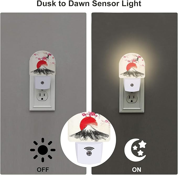 sndheke Cherry Blossoms Sun and Mountain Night Light Plug into Wall, Watercolor - Image 3