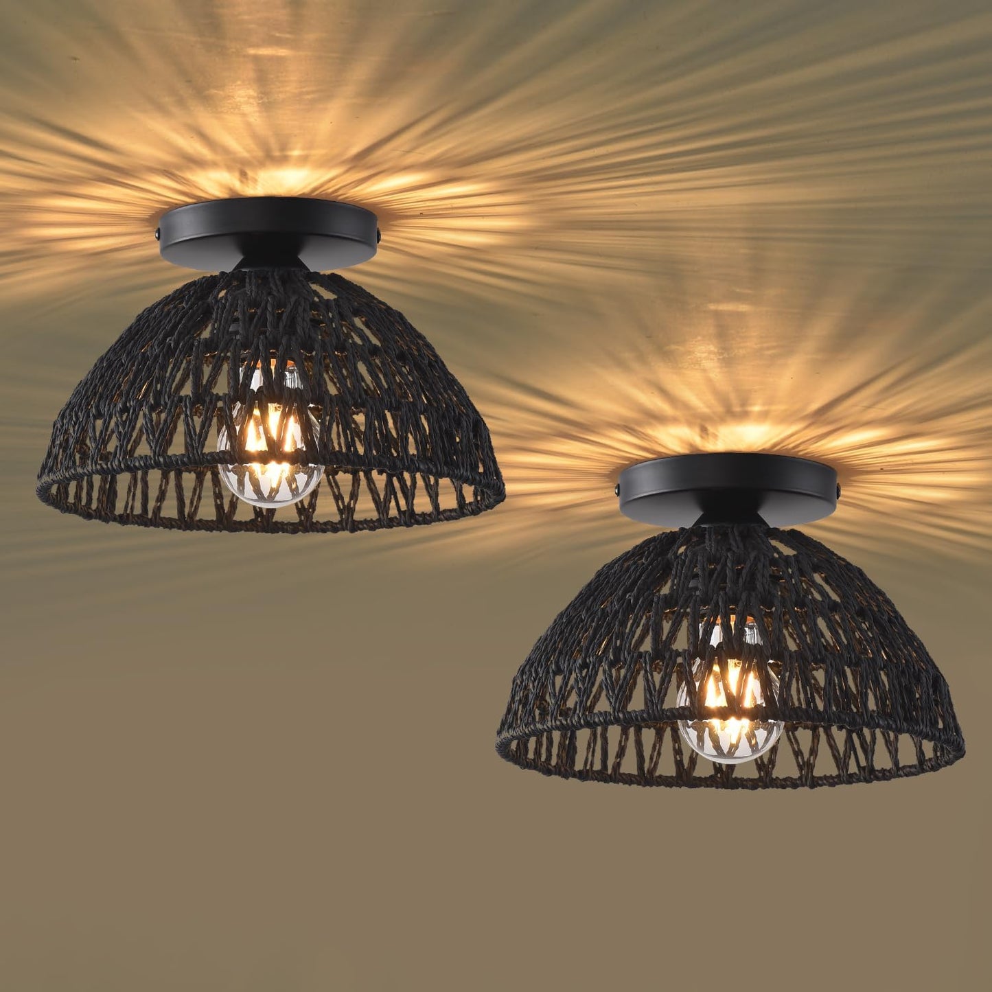 2 Pack 10.2" H Farmhouse Fixtures Ceiling Mount,Black Rattan Boho Semi Flush Mount Ceiling Light,Hand Woven Hallway Light Fixtures for Bedroom Entryway