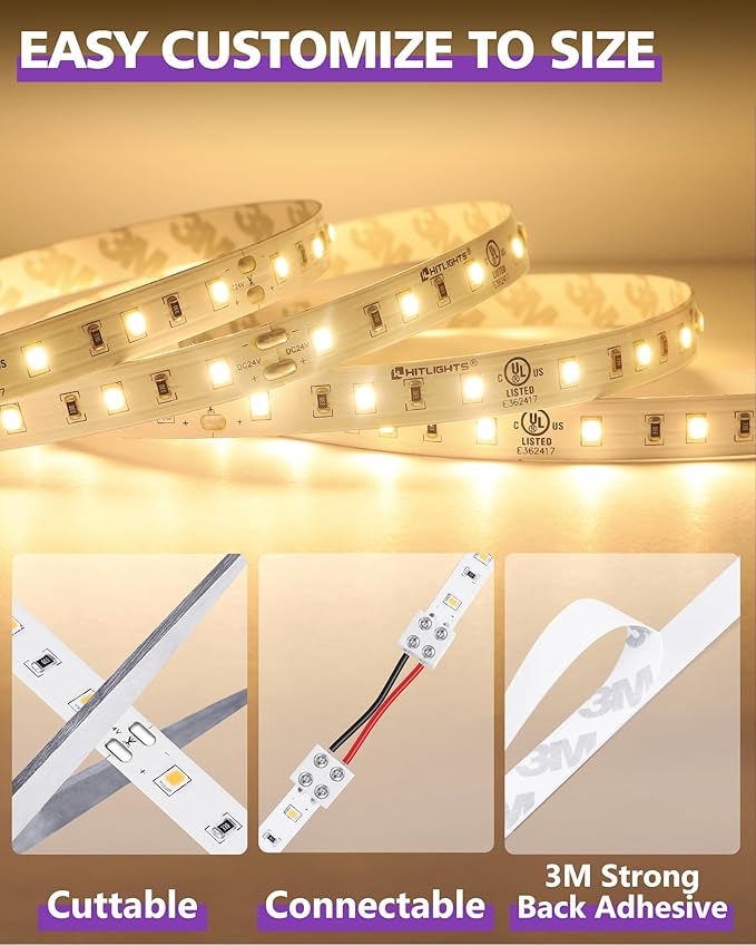 HitLights 24V LED Strip Lights Warm White 3000K, 26.2ft Cuttable Tape Backed - Image 6