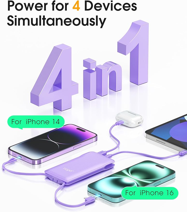 TG90° Portable Charger, 10000mAh Power Bank Built-in Cables and AC Wall Plug - Image 2