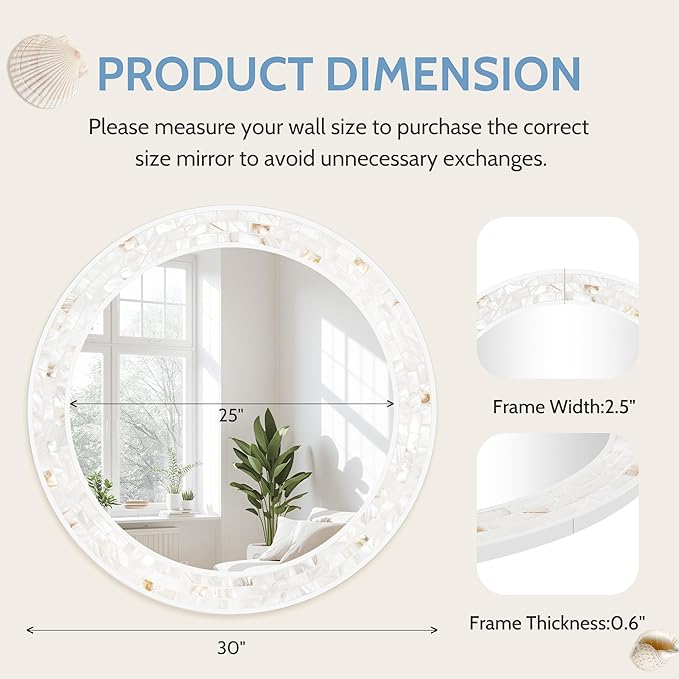 Tanmicoshomy Round Wall Mirror 30 Inch, Natural Shell Framed Circle Mirrors - Image 3