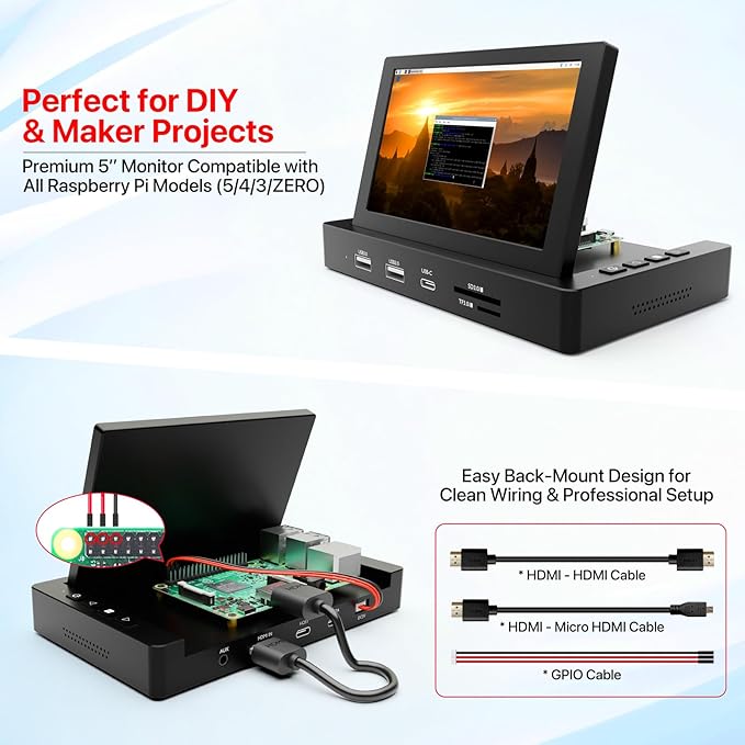 ROADOM 5'' Mini Monitor with Raspberry Pi Mount Holes & USB HUB, Type-C - Image 4