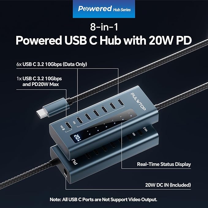 USB C Hub for Laptop, PULWTOP 7 in 1 10Gbps USB Adapter Support Data & Charging - Image 2