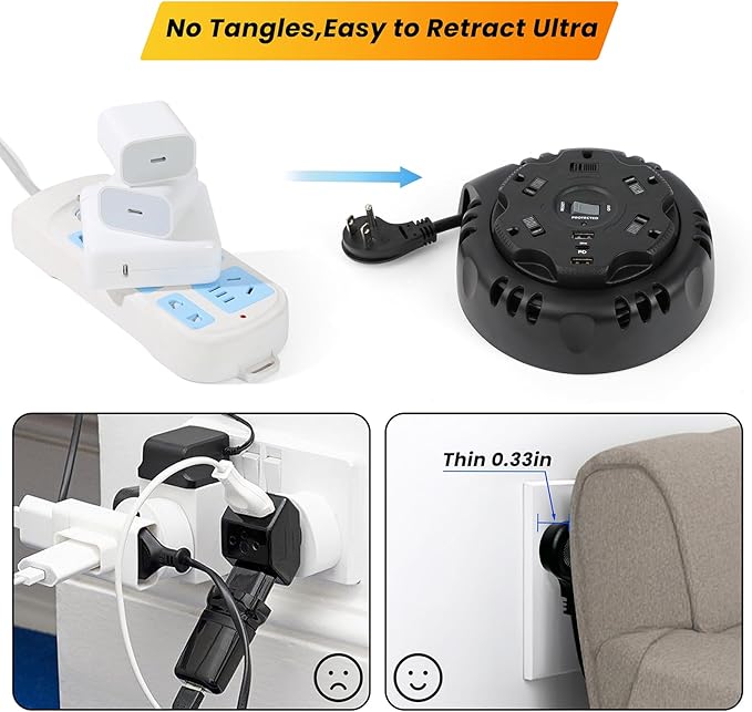 10ft Flat Plug Surge Protector Power Strip, Retractable Extension Cord - Image 8