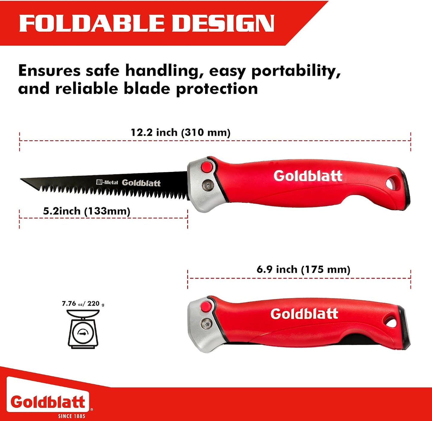 Goldblatt Folding Drywall Saw, 5-Inch Jab Saw for Wallboard, Plywood & PVC | Foldable 5-Inch Blade, Bi-Metal Blade, 8 TPI Triple-Ground Teeth, Faster Cutting, Sharp & Clean Cuts, Soft Grip Handle