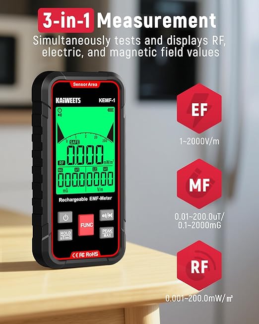 KAIWEETS EMF Detector, 3-in-1 Handheld EMF Meter Detects EF, WiFi Signal - Image 2