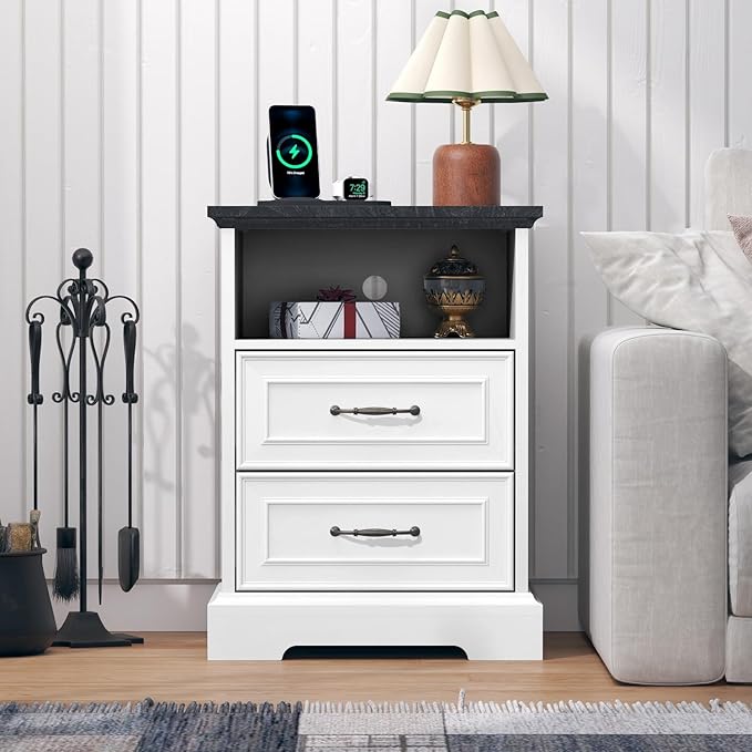 Nightstand with Charging Station, Rustic Farmhouse Wood Small Dresser, Bedside - Image 3