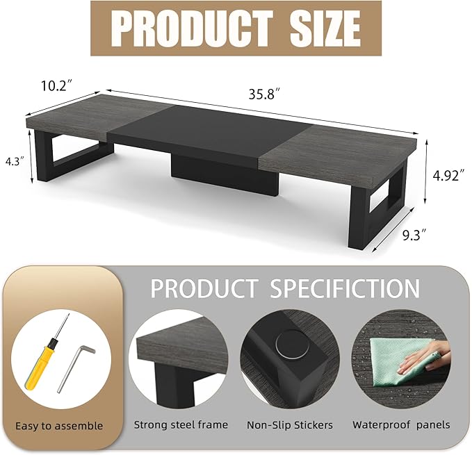 WESTREE Dual Monitor Stand Riser, Wood and Steel Monitor Stand Riser, Computer - Image 7