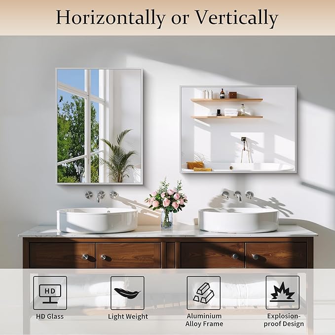 Silver Bathroom Mirror for Wall, 18x24 Inch Rectangle Mirror - Image 4